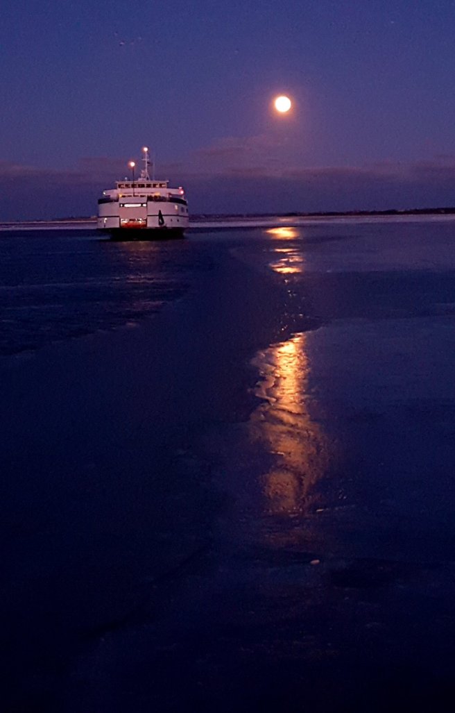 Ferry breaking ice.  Nantucket MA, 2018